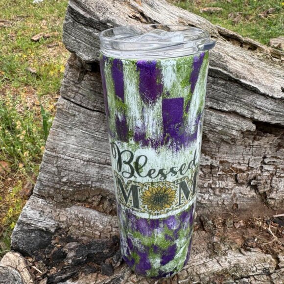 Blessed Mom Tumbler 20oz Purple, Green and White Distressed Hogg Tumbler - Picture 6 of 9